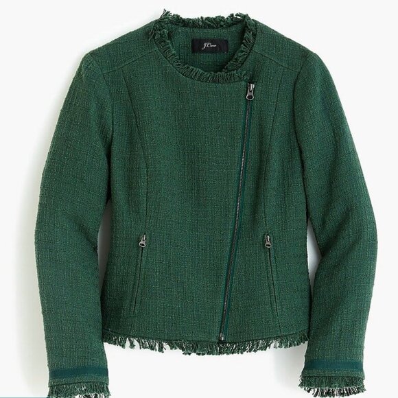 J. Crew Jackets & Blazers - J.Crew Green Fringe Tweed Motorcycle Jacket E8493 – Size 0